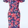 Vintage Chic for Topvintage Plus Sizes Kleider | Katie Blumen Bleistiftkleid In Marine Und Rot