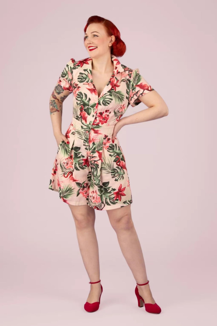 Vixen Playsuits & Jumpsuits | Tropical Flamingo Playsuit Mit Knopfen In Hellrosa