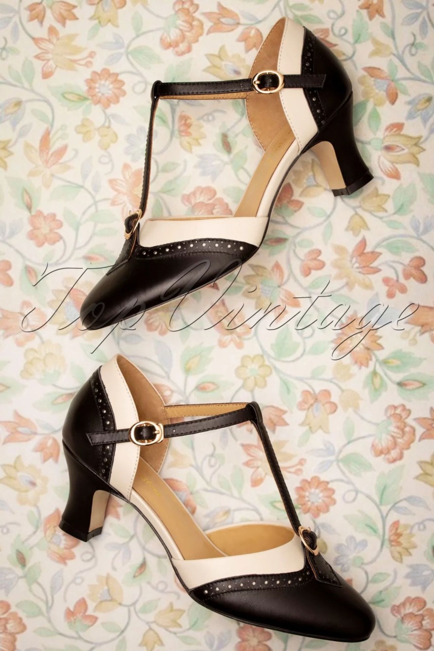 Charlie Stone Pumps | Luxuriose Parisienne Pumps Mit T-Strap In Schwarz Und Creme