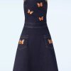 Vixen Swing Kleider | Butterfly Embroidery Denim Flare Kleid In Blau