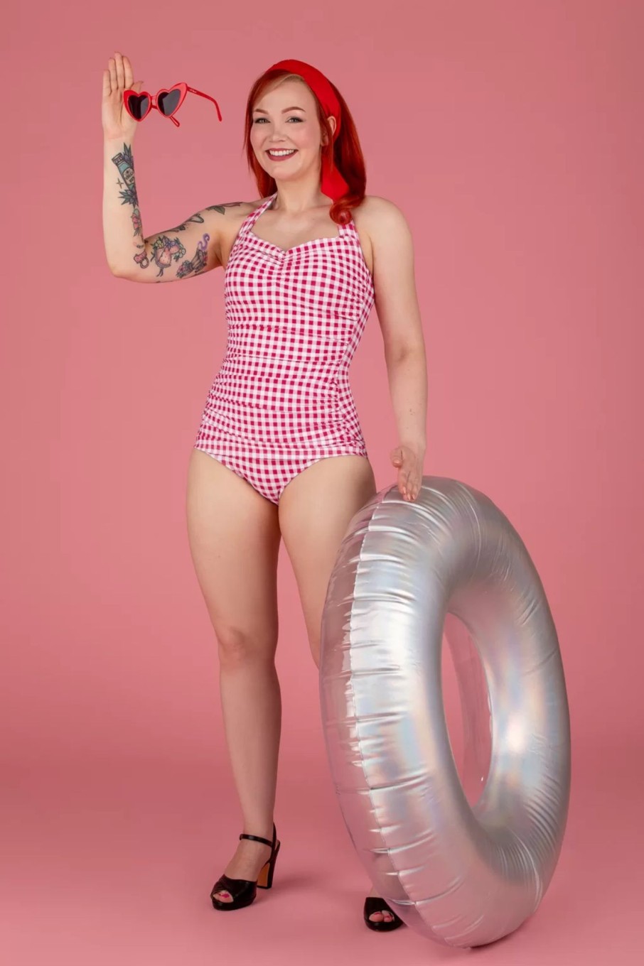 Esther Williams Badeanzuge | Classic One Piece Gingham Badeanzug In Himbeerrot Und Weis