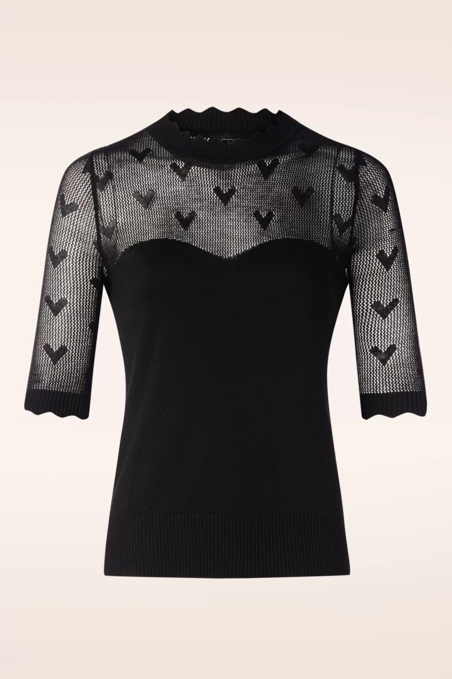 Vixen Pullover | Heart Pattern Scallop Edge Pullover In Schwarz