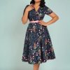 Collectif Clothing Plus Sizes Kleider | Caterina Hollyhocks Hurra Swing Kleid In Marineblau