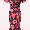 Vintage Chic for Topvintage Plus Sizes Kleider | Katie Blumen-Bleistiftkleid In Schwarz Und Rosa