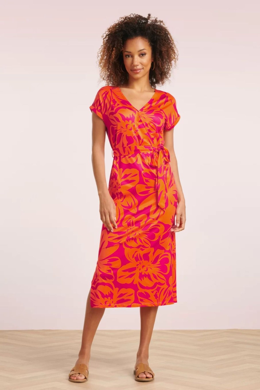 Smashed Lemon Plus Sizes Kleider | Laila Flower Midi Kleid In Orange Und Fuchsia