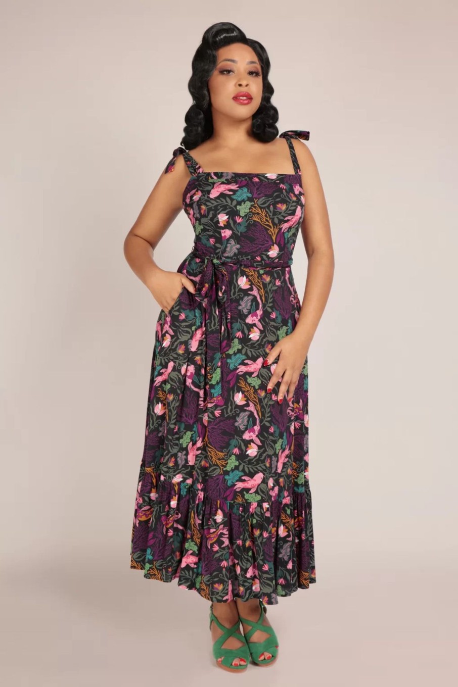 Collectif Clothing Midi Kleider | Katrina Tropical Reef Swing Kleid In Schwarz