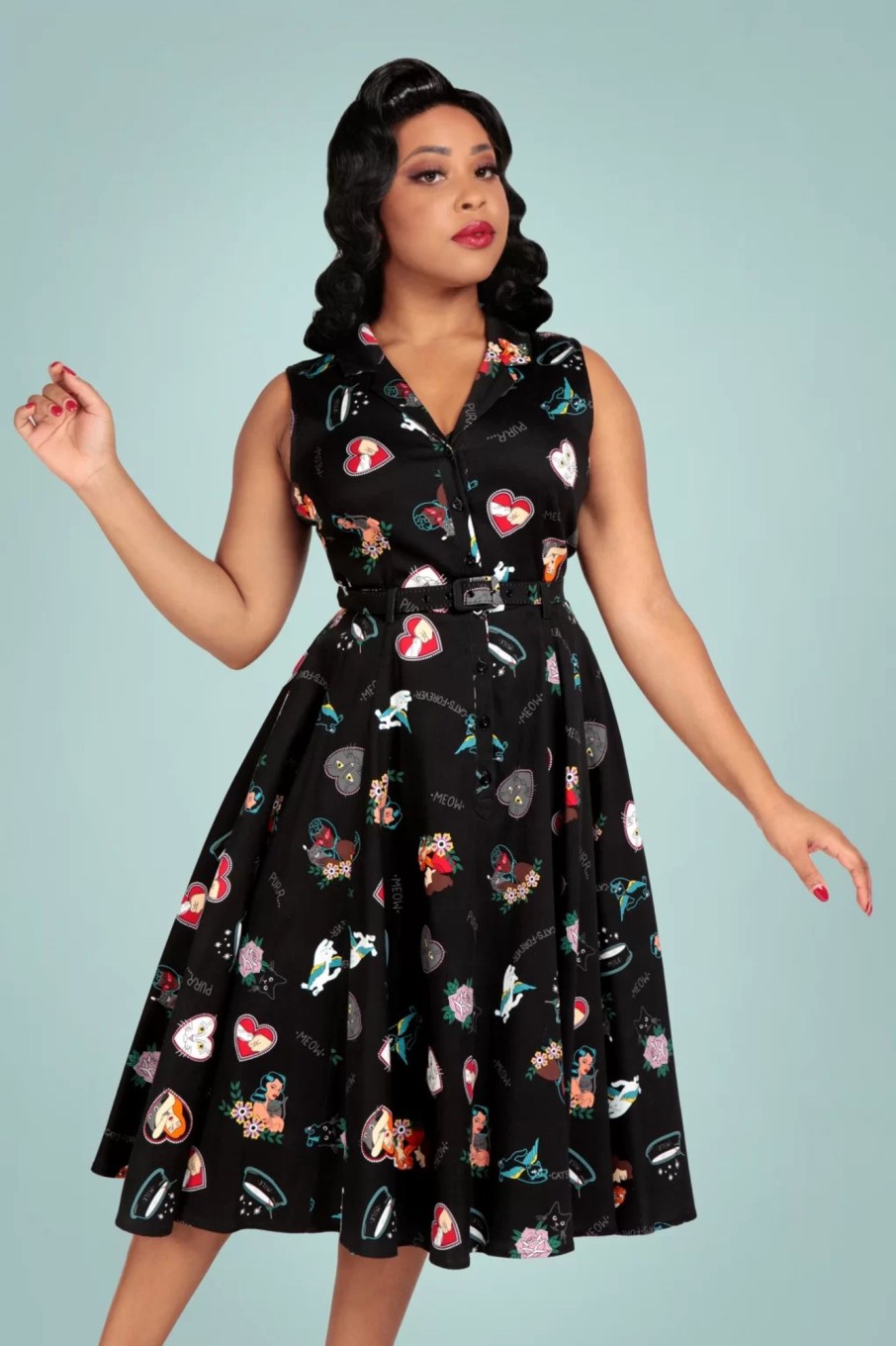 Collectif Clothing Swing Kleider | Caterina Armelloses Cats Forever Swing Kleid In Schwarz