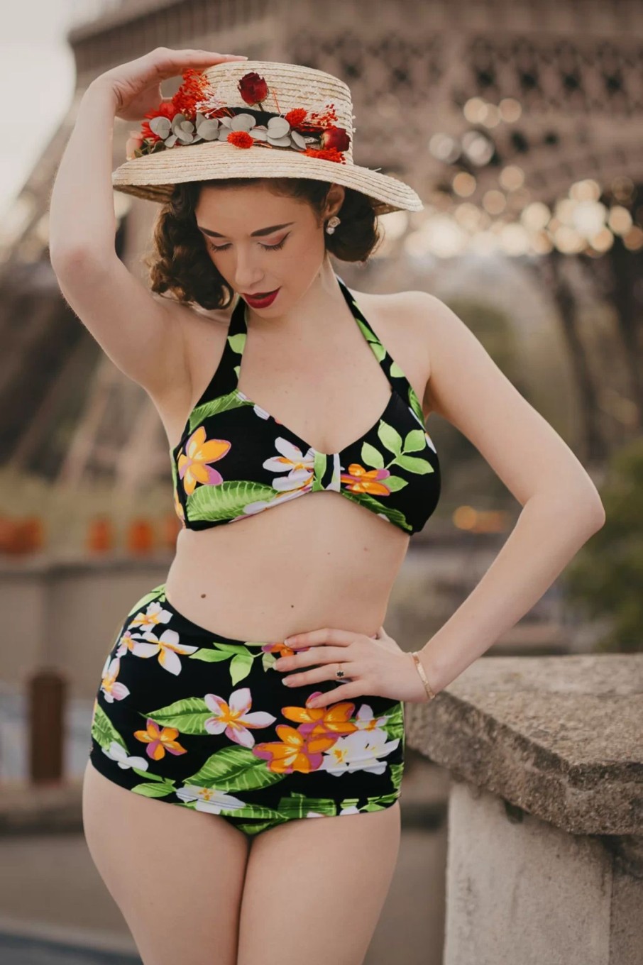 Esther Williams Bikinis | Klassische Bikinihose Mit Blumenmuster In Schwarz