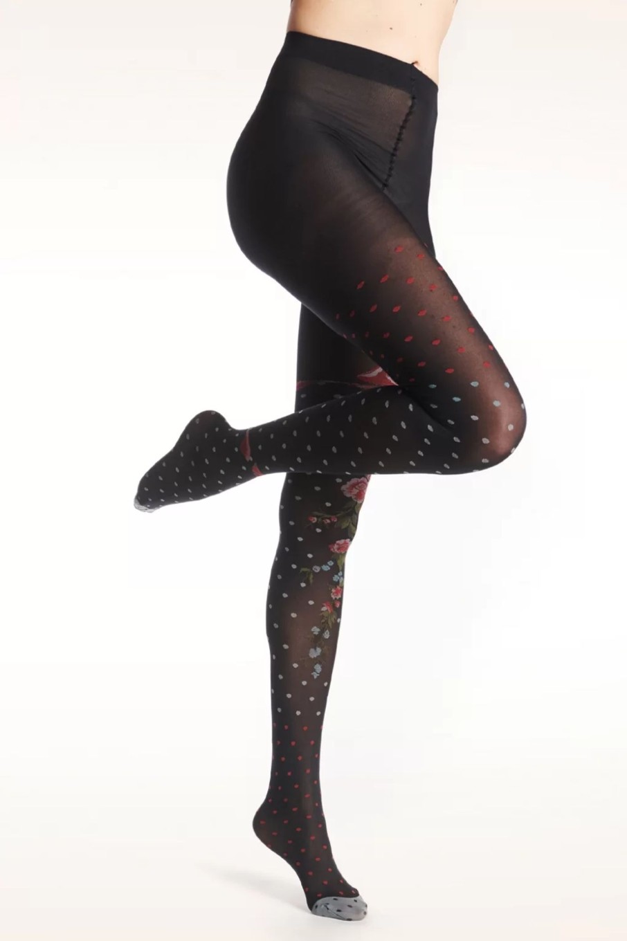 Fil de Jour Strumpfhosen | Flower And Polkadots Strumpfhose In Schwarz